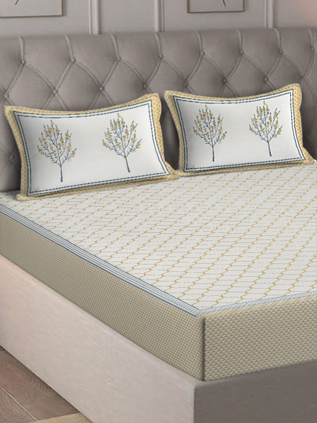Rajasthan Decor White and Yellow   Geometric Print cotton King Bed sheet with 2 Pillow Covers