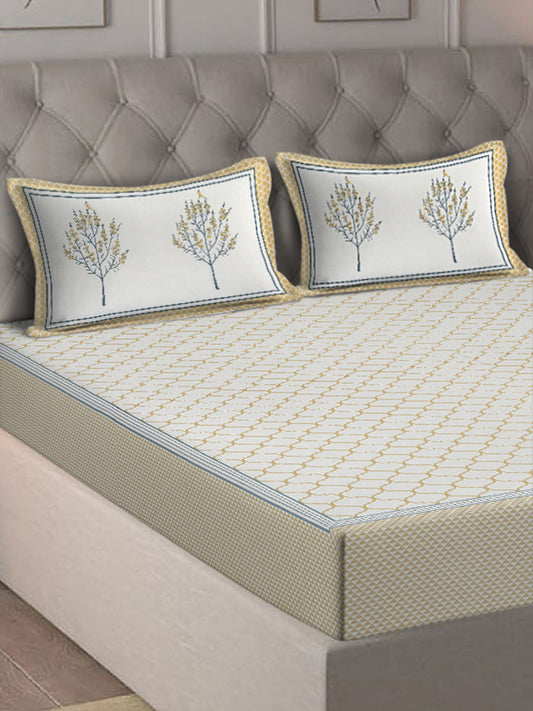 Rajasthan Decor White and Yellow   Geometric Print cotton King Bed sheet with 2 Pillow Covers