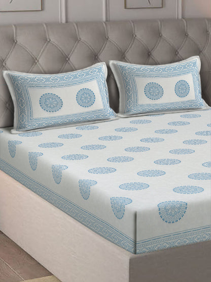 Rajasthan Decor White and Blue  Cotton animal Khadi Print King Bed sheet with 2 Pillow Covers
