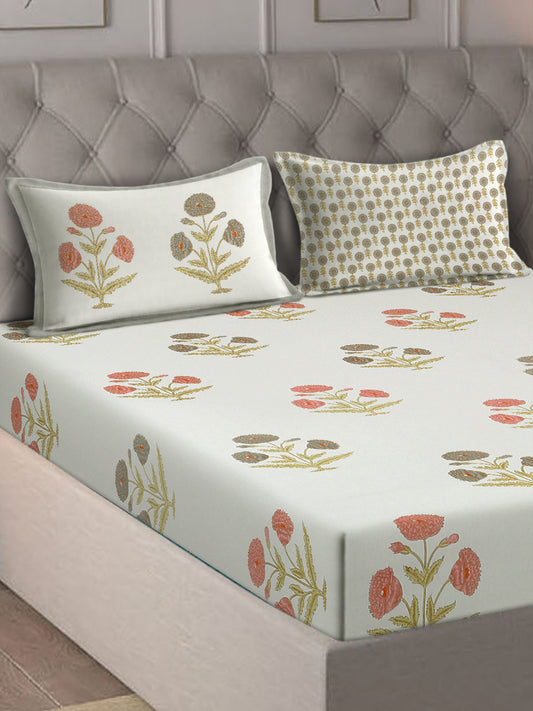 Rajasthan Decor White and Peach  Cotton Flower Print King Bed sheet with 2 Pillow Covers