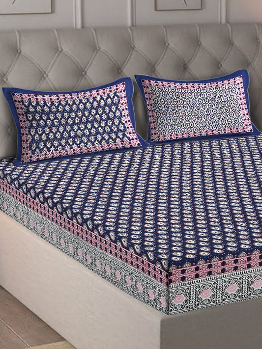 Rajasthan Decor Blue And pink Cotton Buti Print King Bed sheet with 2 Pillow Covers