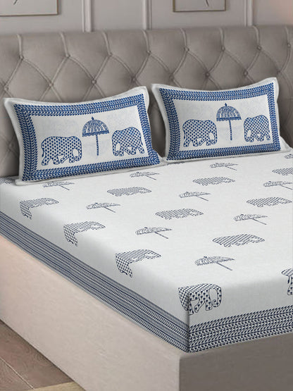 Rajasthan Decor White and Blue  Cotton animal Khadi Print King Bed sheet with 2 Pillow Covers (Copy)