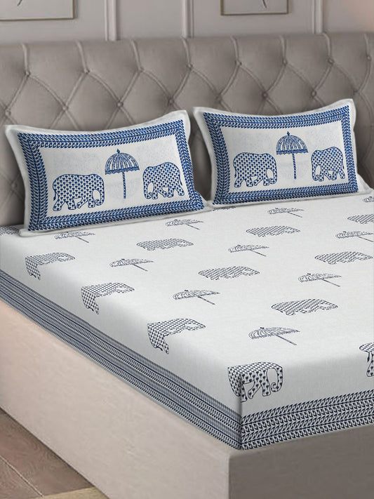 Rajasthan Decor White and Blue  Cotton animal Khadi Print King Bed sheet with 2 Pillow Covers (Copy)