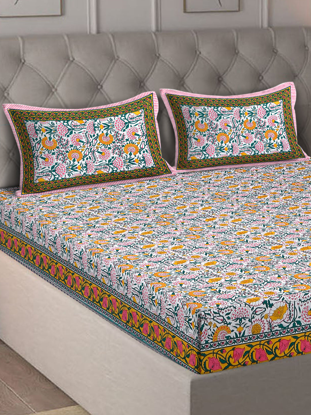 Rajasthan Decor White and Yellow  Cotton Flower Print King Bed sheet with 2 Pillow Covers (Copy)