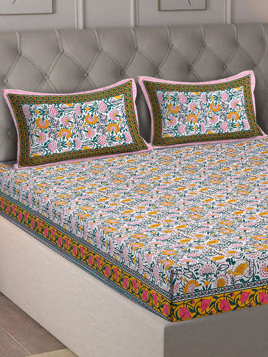 Rajasthan Decor White and Yellow  Cotton Flower Print King Bed sheet with 2 Pillow Covers (Copy)