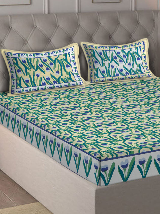 Rajasthan Decor Lemon  and Green  Cotton Tulip Print King Bed sheet with 2 Pillow Covers