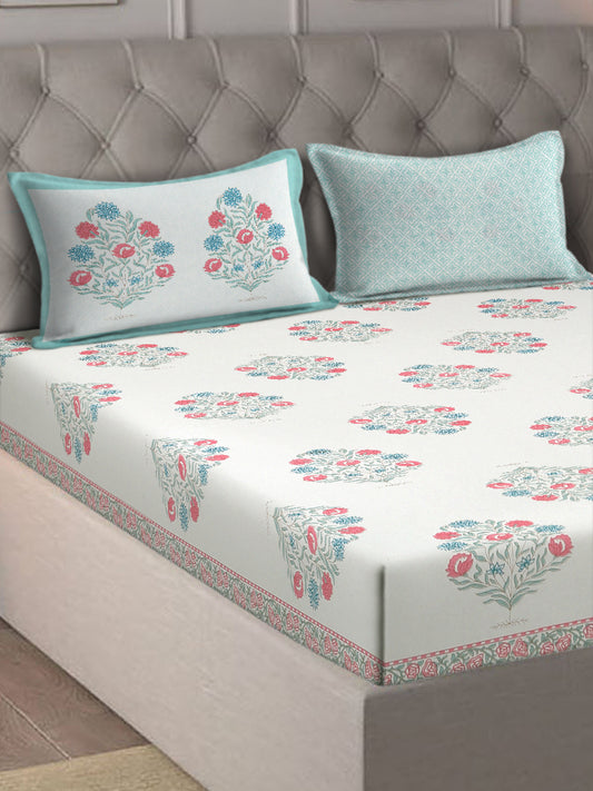 Rajasthan Decor White  and Green  Cotton Buta Print King Bed sheet with 2 Pillow Covers