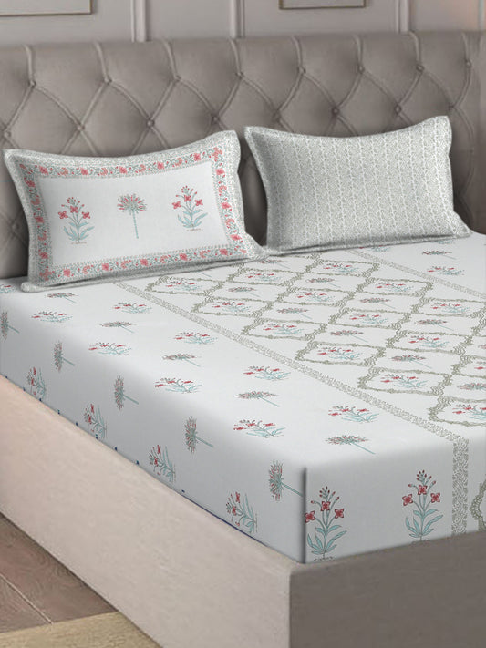 Rajasthan Decor White  and Pink Cotton Mughal  Pattren  King Bed sheet with 2 Pillow Covers (Copy)