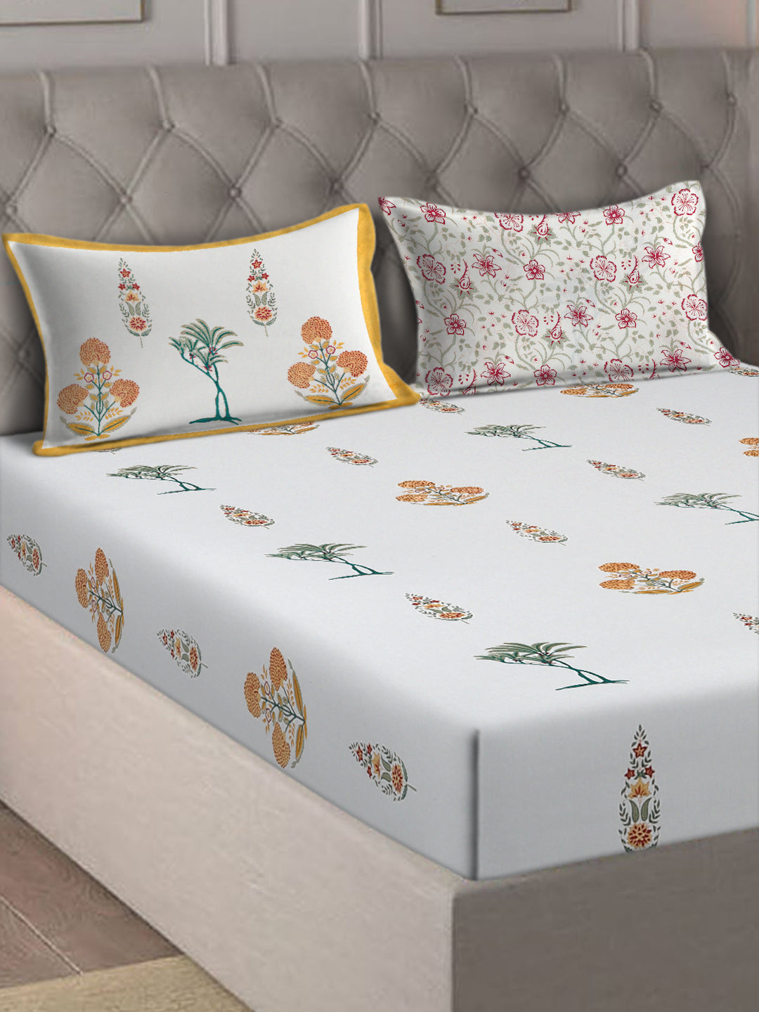 Rajasthan Decor White  and Yellow Cotton Mughal Print King Bed sheet with 2 Pillow Covers