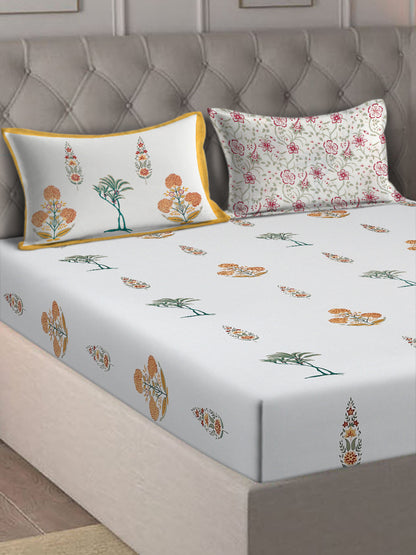 Rajasthan Decor White  and Yellow Cotton Mughal Print King Bed sheet with 2 Pillow Covers