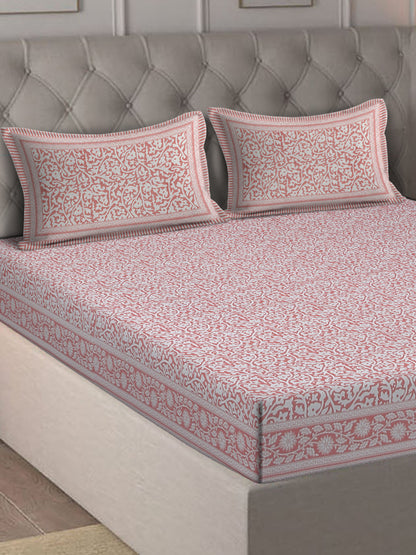 Rajasthan Decor White  and Pink Cotton Jaal Print King Bed sheet with 2 Pillow Covers