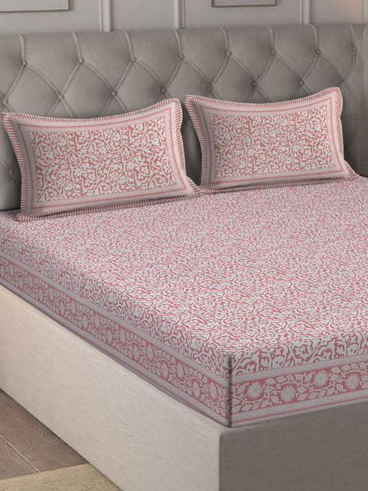 Rajasthan Decor White  and Pink Cotton Jaal Print King Bed sheet with 2 Pillow Covers