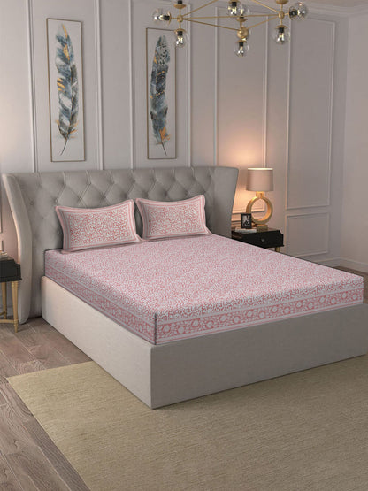 Rajasthan Decor White  and Pink Cotton Jaal Print King Bed sheet with 2 Pillow Covers