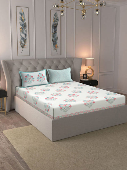 Rajasthan Decor White  and Green  Cotton Buta Print King Bed sheet with 2 Pillow Covers