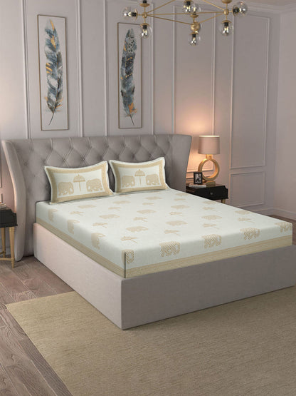 Rajasthan Decor White and Gold  Cotton animal Khadi Print King Bed sheet with 2 Pillow Covers