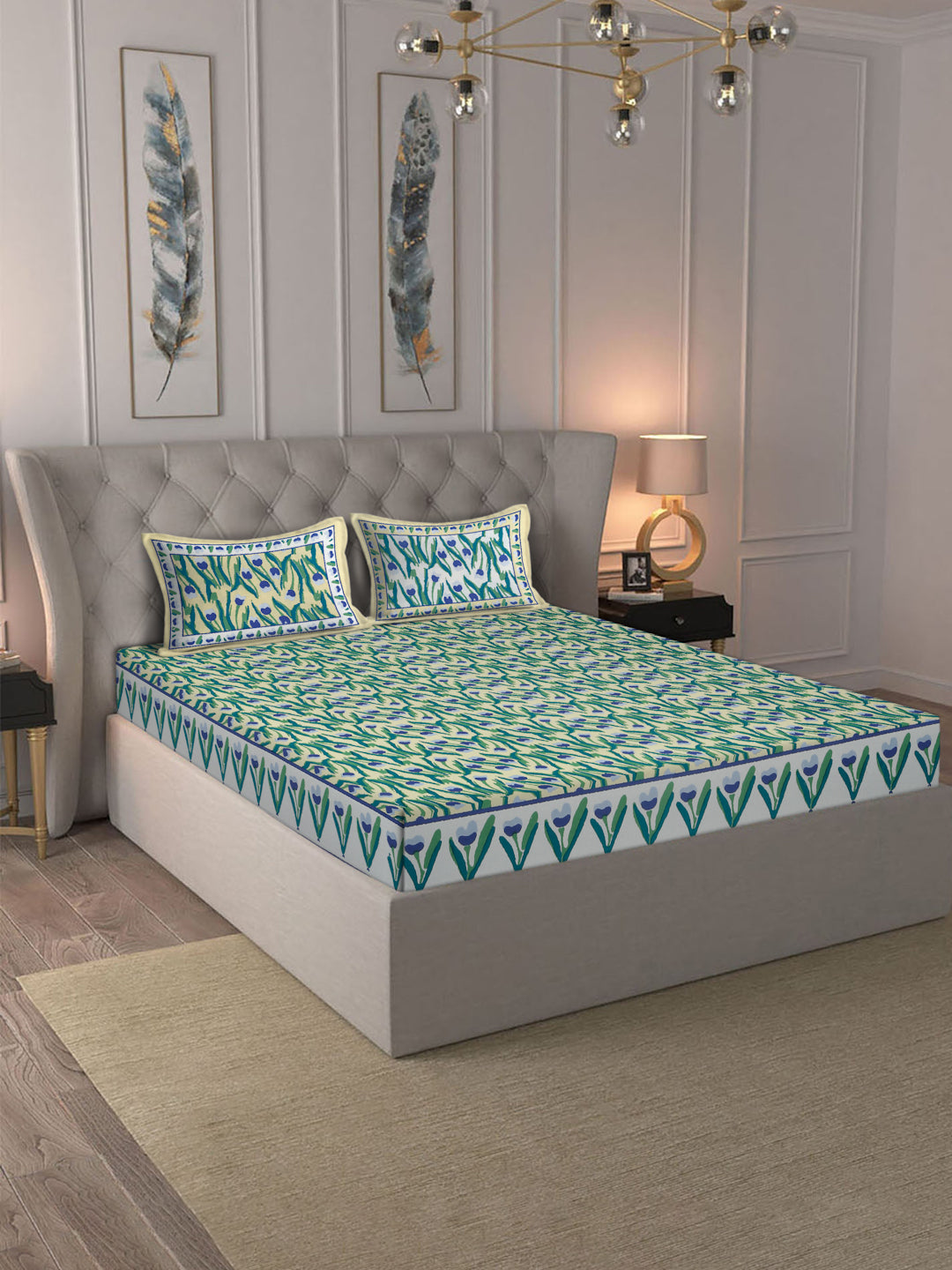 Rajasthan Decor Lemon  and Green  Cotton Tulip Print King Bed sheet with 2 Pillow Covers