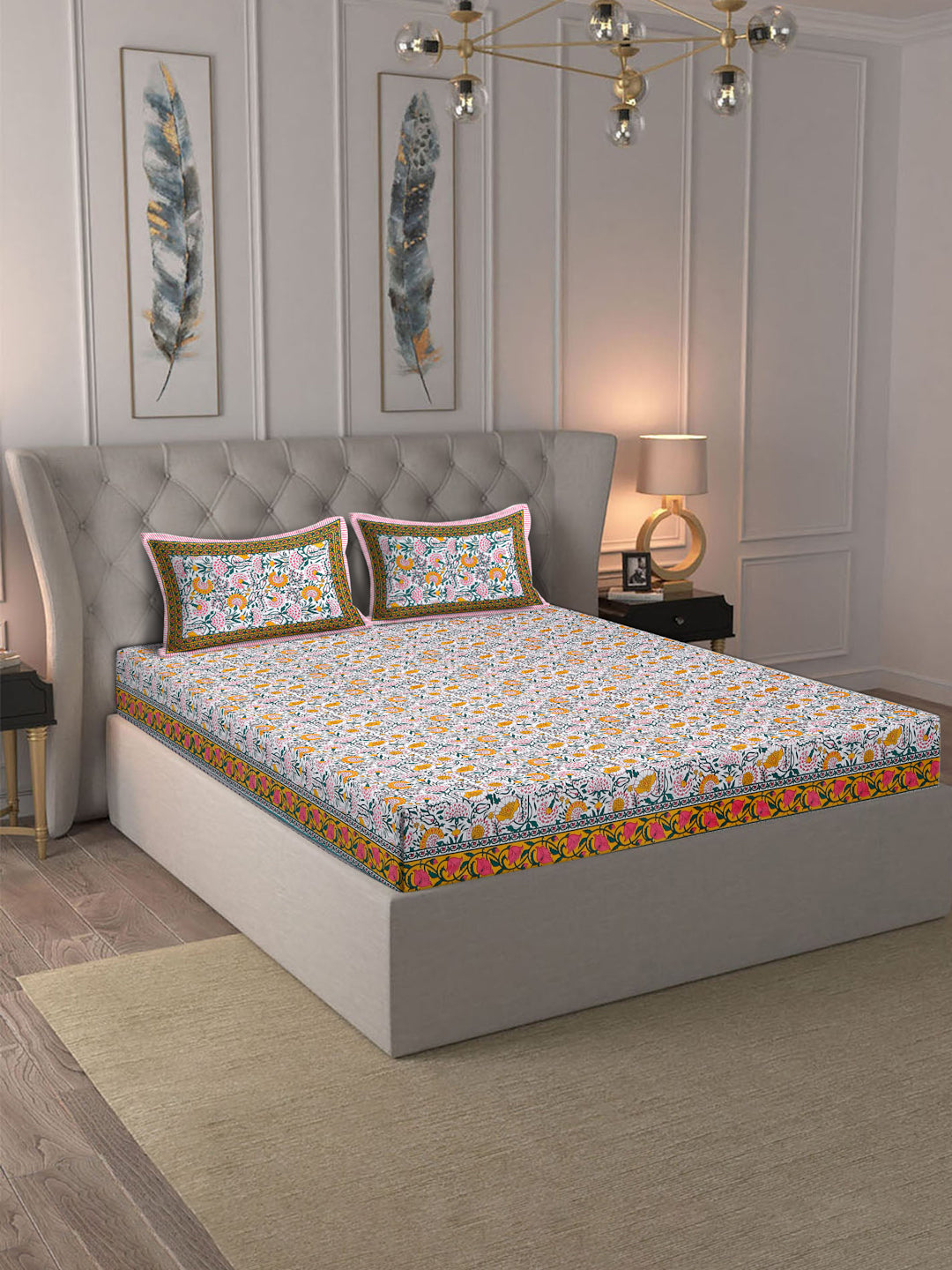 Rajasthan Decor White and Yellow  Cotton Flower Print King Bed sheet with 2 Pillow Covers (Copy)