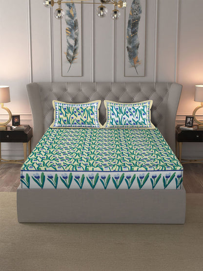 Rajasthan Decor Lemon  and Green  Cotton Tulip Print King Bed sheet with 2 Pillow Covers