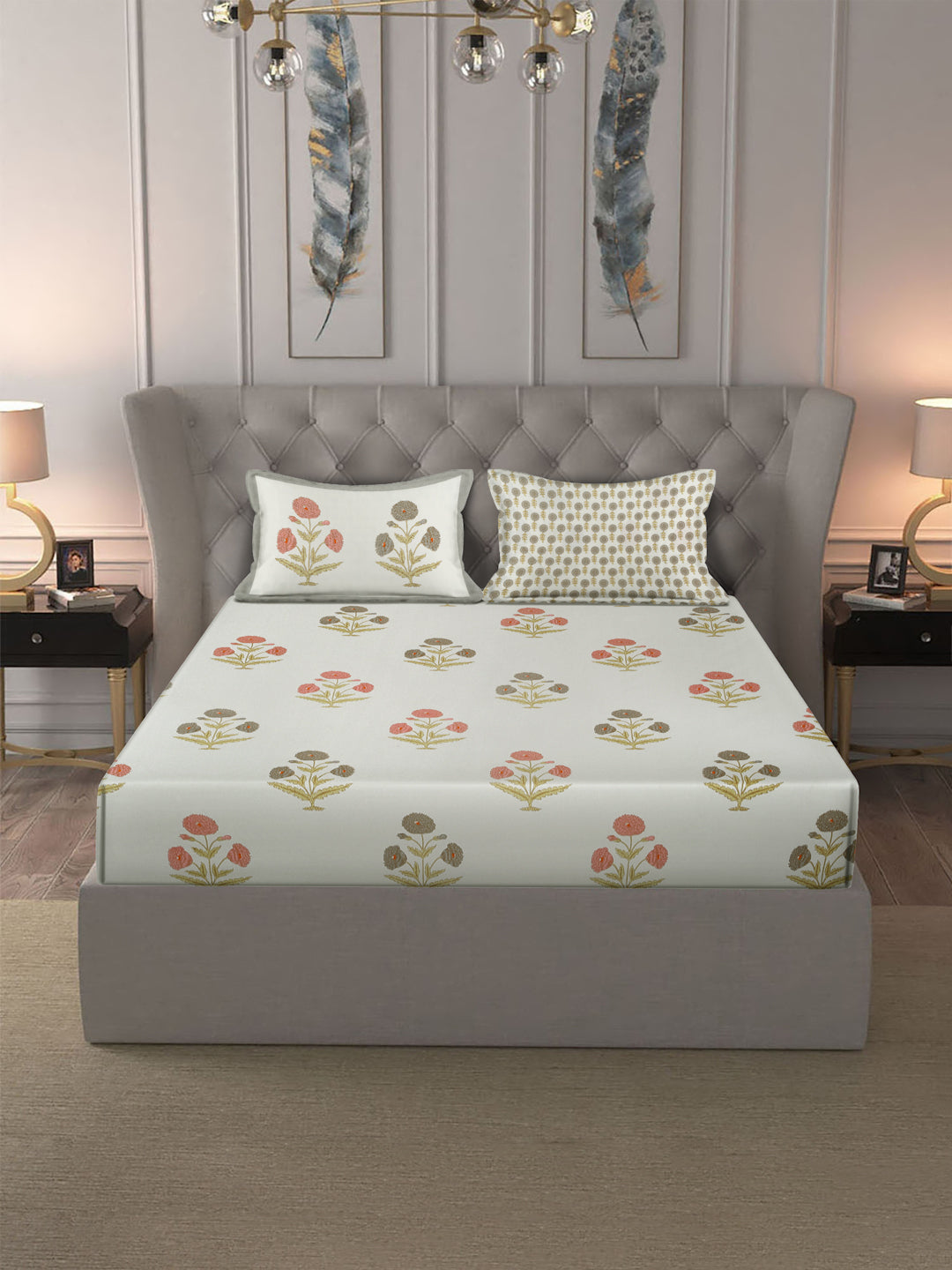 Rajasthan Decor White and Peach  Cotton Flower Print King Bed sheet with 2 Pillow Covers