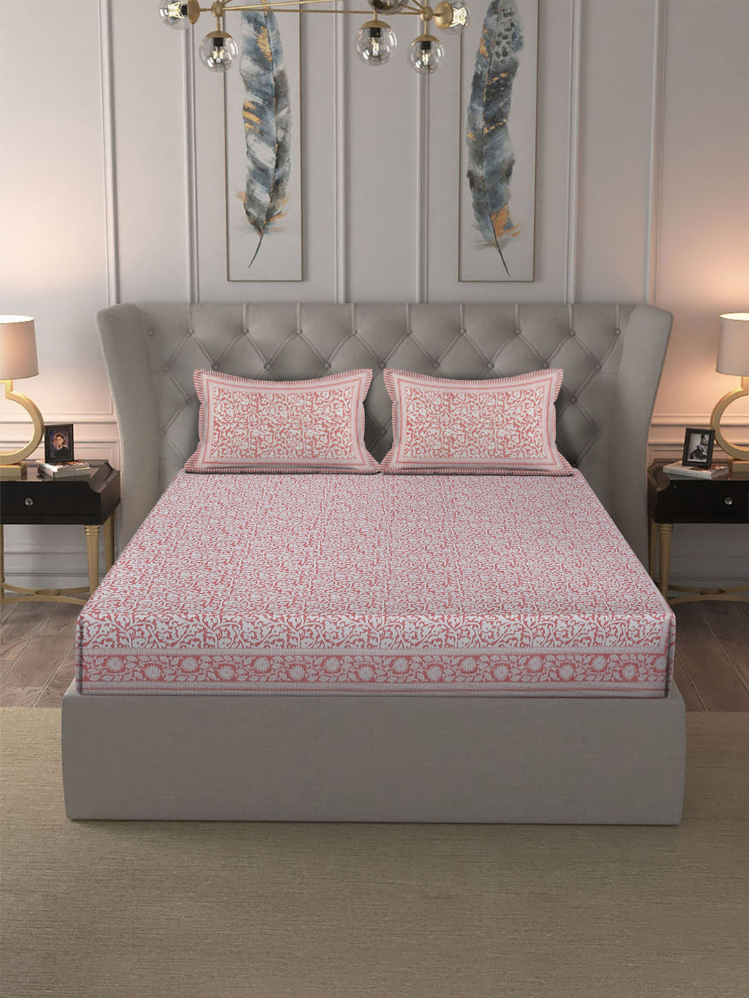 Rajasthan Decor White  and Pink Cotton Jaal Print King Bed sheet with 2 Pillow Covers