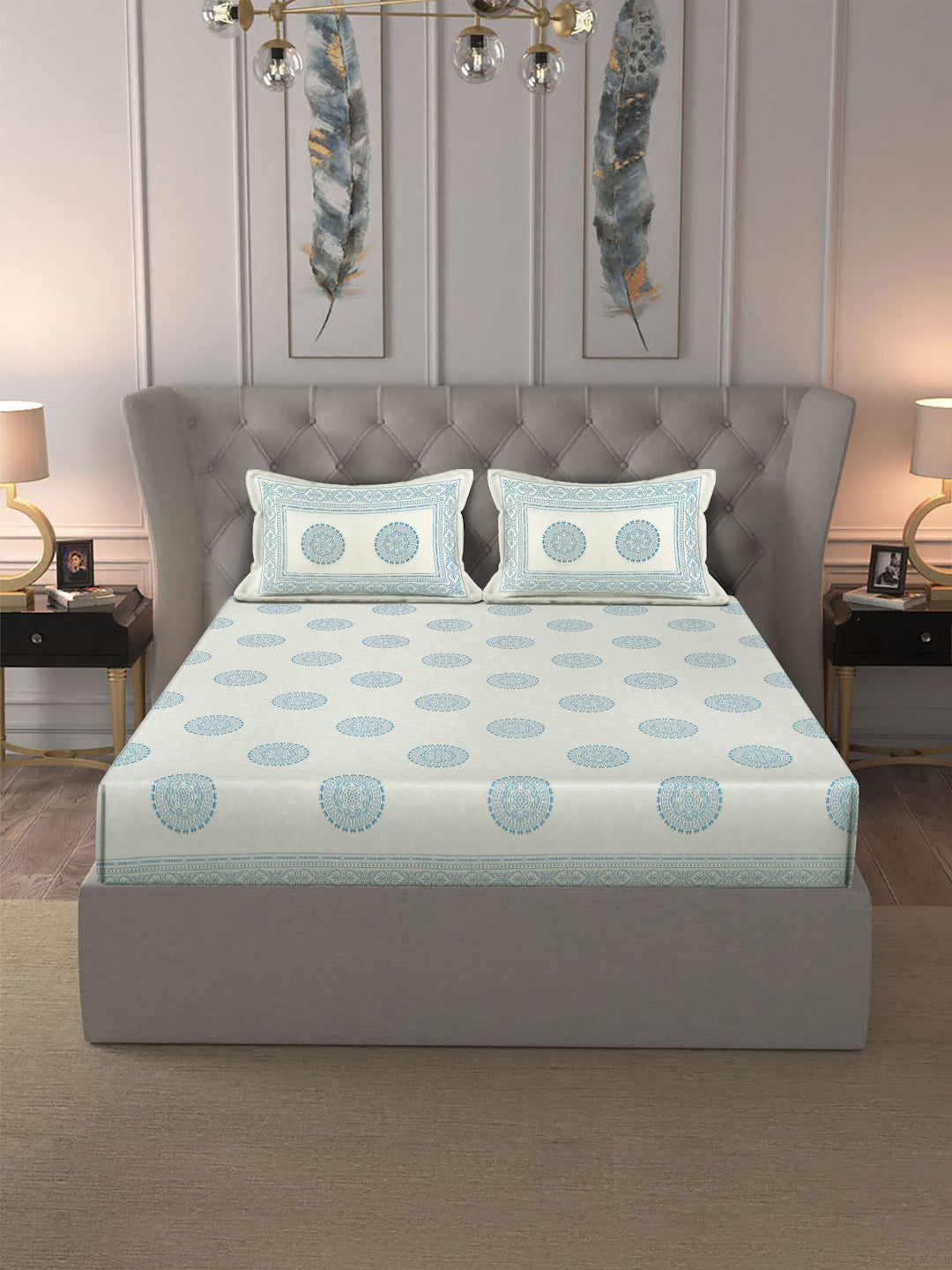 Rajasthan Decor White and Blue  Cotton animal Khadi Print King Bed sheet with 2 Pillow Covers