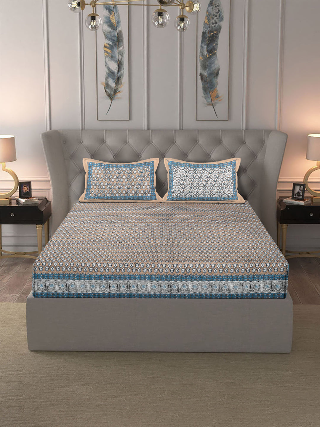 Rajasthan Decor Blue And Brown  Cotton Buti Print King Bed sheet with 2 Pillow Covers