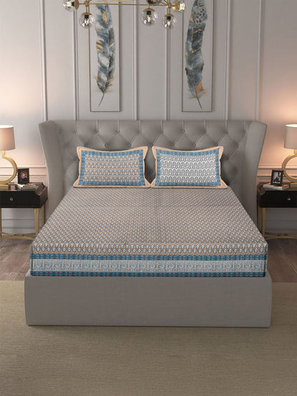 Rajasthan Decor Blue And Brown  Cotton Buti Print King Bed sheet with 2 Pillow Covers