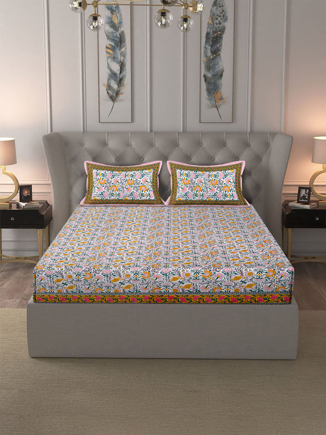 Rajasthan Decor White and Yellow  Cotton Flower Print King Bed sheet with 2 Pillow Covers (Copy)