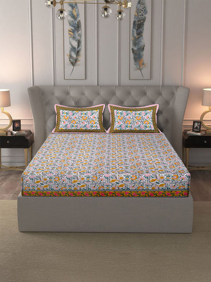 Rajasthan Decor White and Yellow  Cotton Flower Print King Bed sheet with 2 Pillow Covers (Copy)