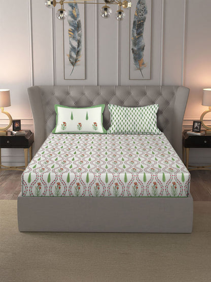 Rajasthan Decor White and Green  Cotton Flower Print King Bed sheet with 2 Pillow Covers