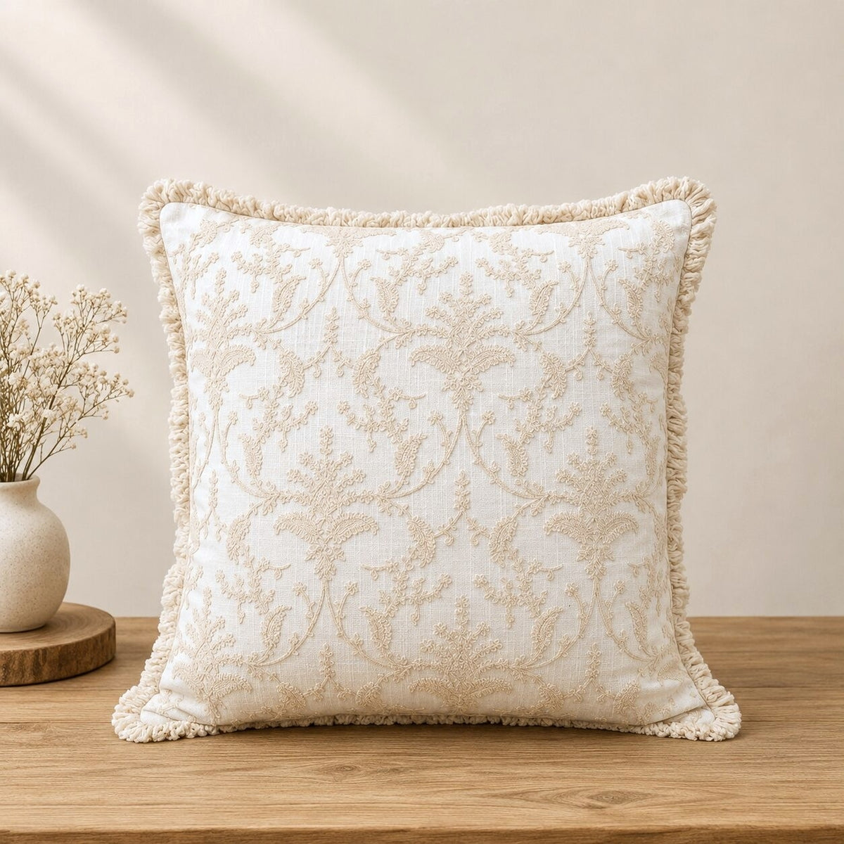 Ivory Floral Hand Embroidered Cotton Cushion Covers | Set of 2 16x16