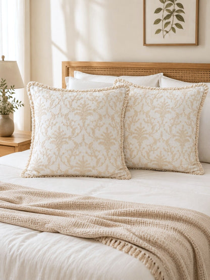 Ivory Floral Hand Embroidered Cotton Cushion Covers | Set of 2 16x16