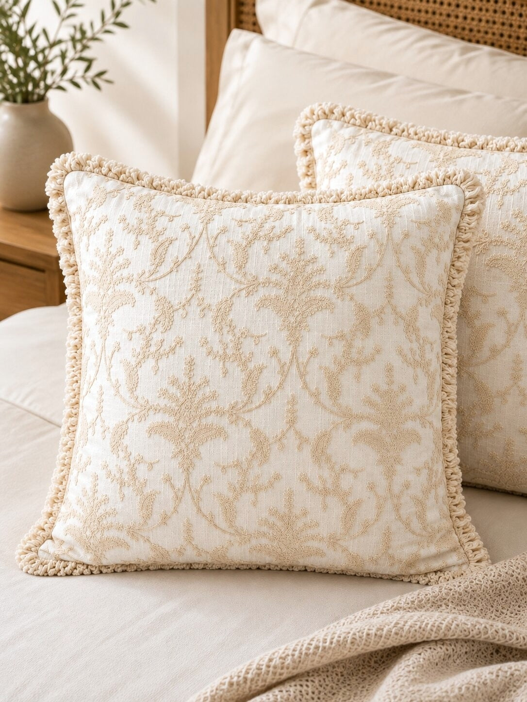 Ivory Floral Hand Embroidered Cotton Cushion Covers | Set of 2 16x16