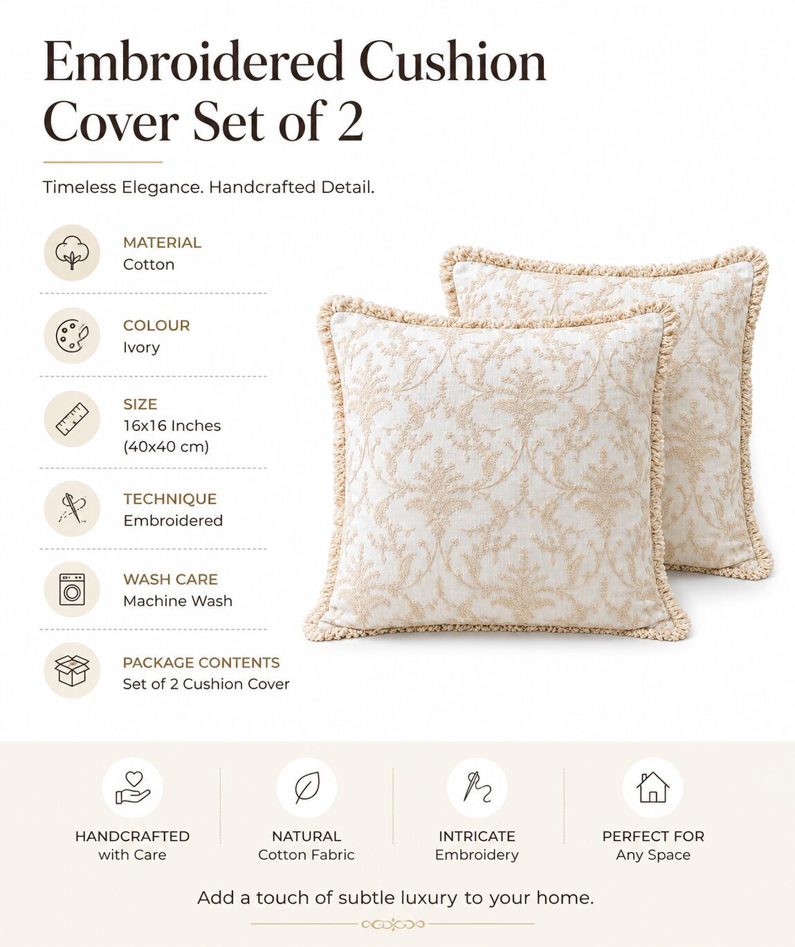 Ivory Floral Hand Embroidered Cotton Cushion Covers | Set of 2 16x16