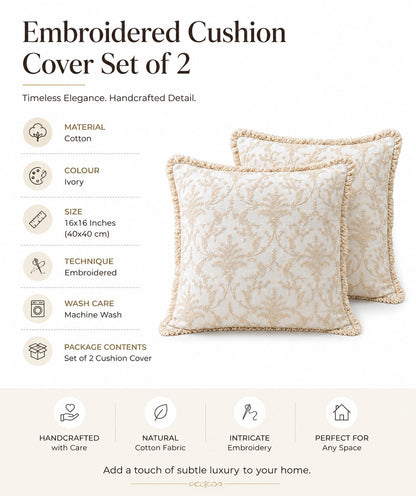 Ivory Floral Hand Embroidered Cotton Cushion Covers | Set of 2 16x16