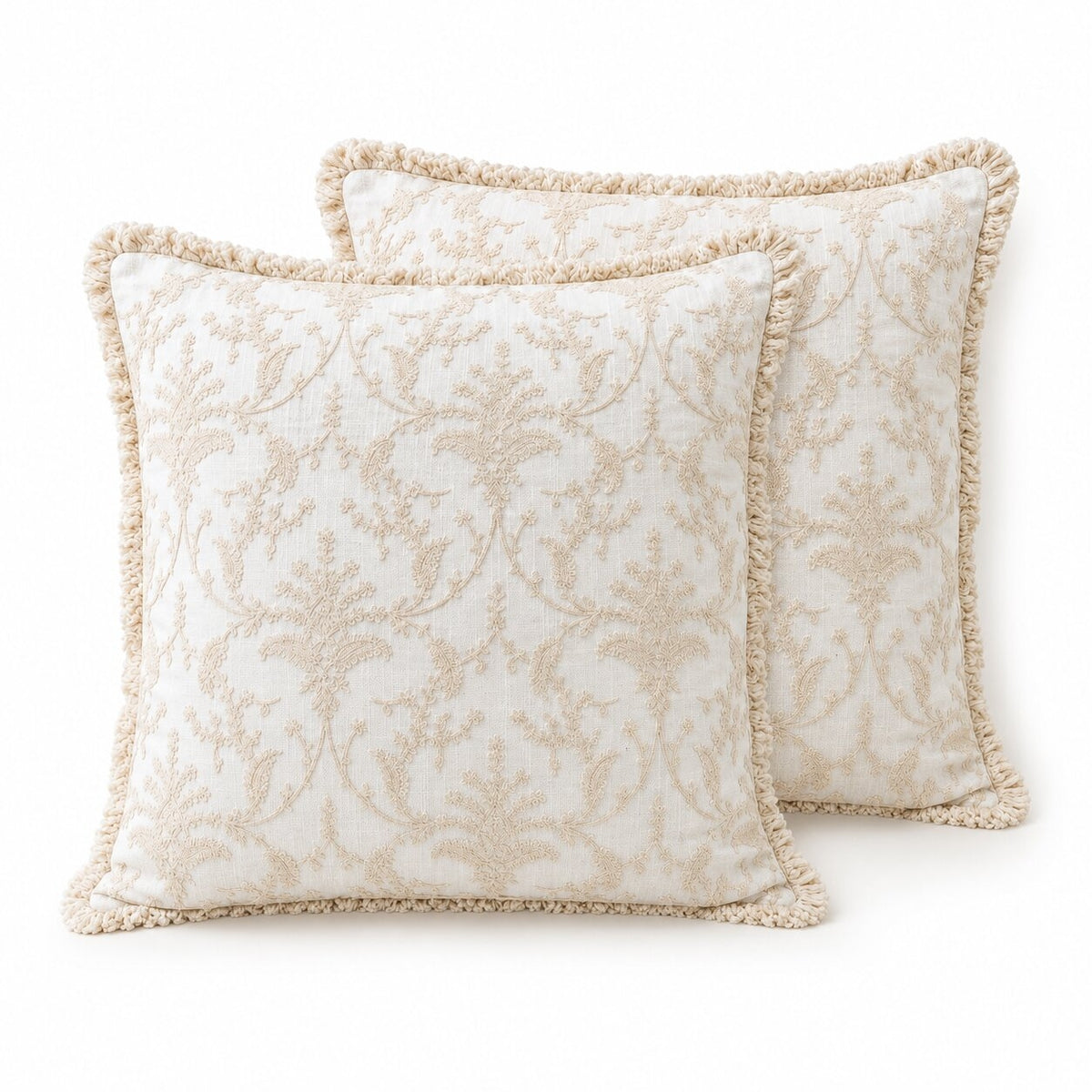 Ivory Floral Hand Embroidered Cotton Cushion Covers | Set of 2 16x16