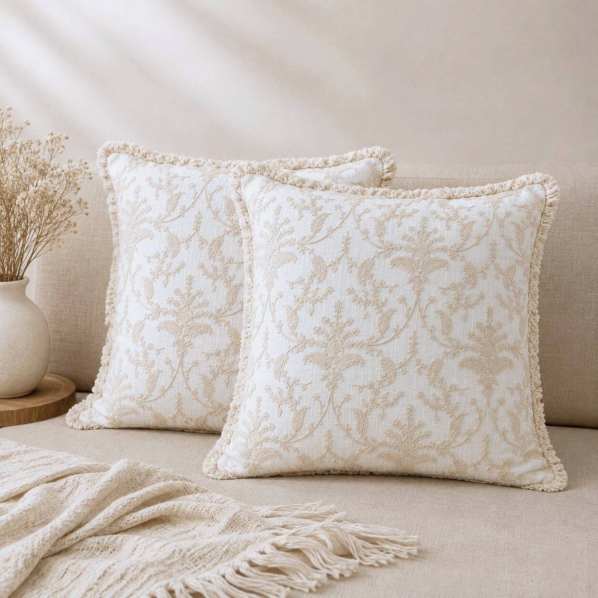 Ivory Floral Hand Embroidered Cotton Cushion Covers | Set of 2 16x16