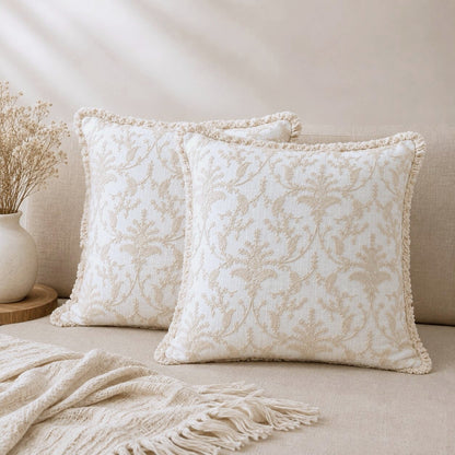 Ivory Floral Hand Embroidered Cotton Cushion Covers | Set of 2 16x16