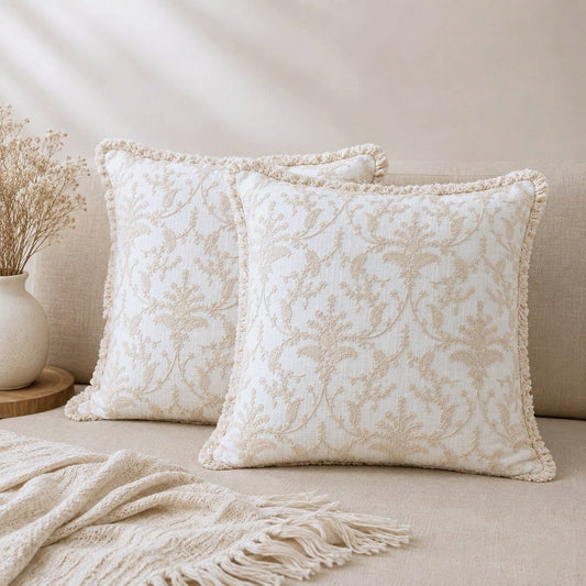 Ivory Floral Hand Embroidered Cotton Cushion Covers | Set of 2 16x16