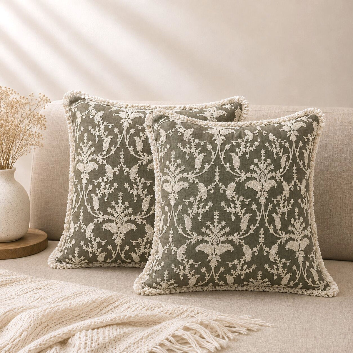 Olive Floral Hand Embroidered Cushion Covers | Set of 2 16x16
