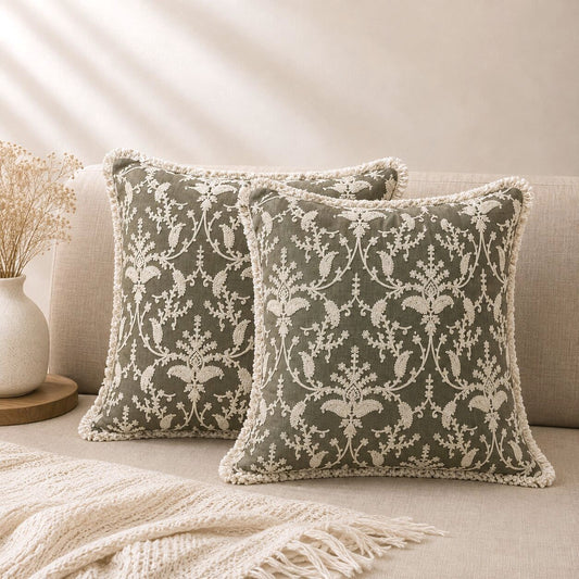 Olive Floral Hand Embroidered Cushion Covers | Set of 2 16x16