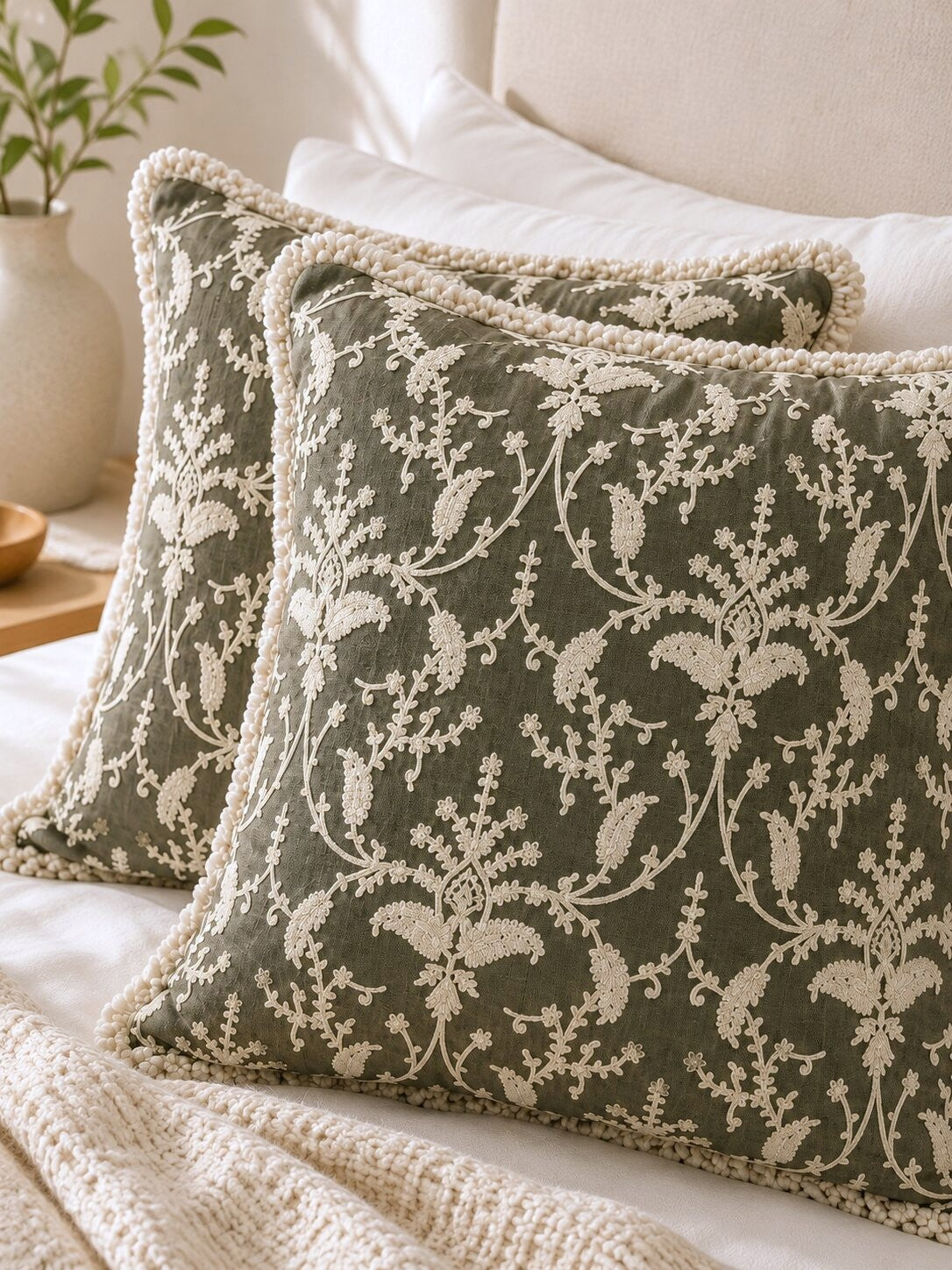 Olive Floral Hand Embroidered Cushion Covers | Set of 2 16x16