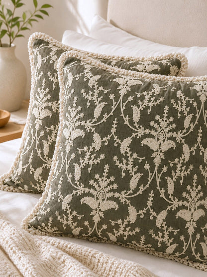 Olive Floral Hand Embroidered Cushion Covers | Set of 2 16x16