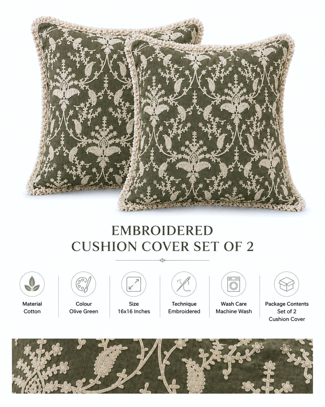 Olive Floral Hand Embroidered Cushion Covers | Set of 2 16x16