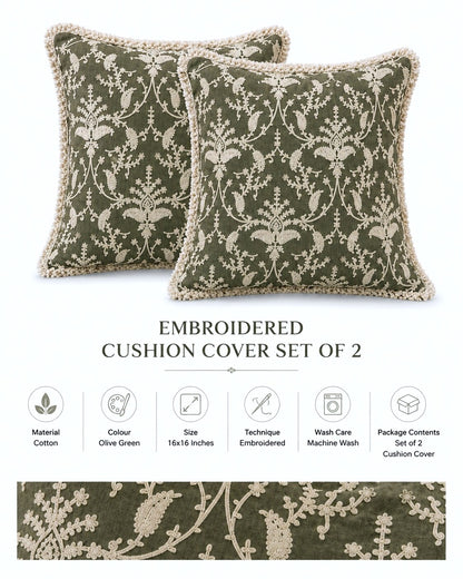 Olive Floral Hand Embroidered Cushion Covers | Set of 2 16x16