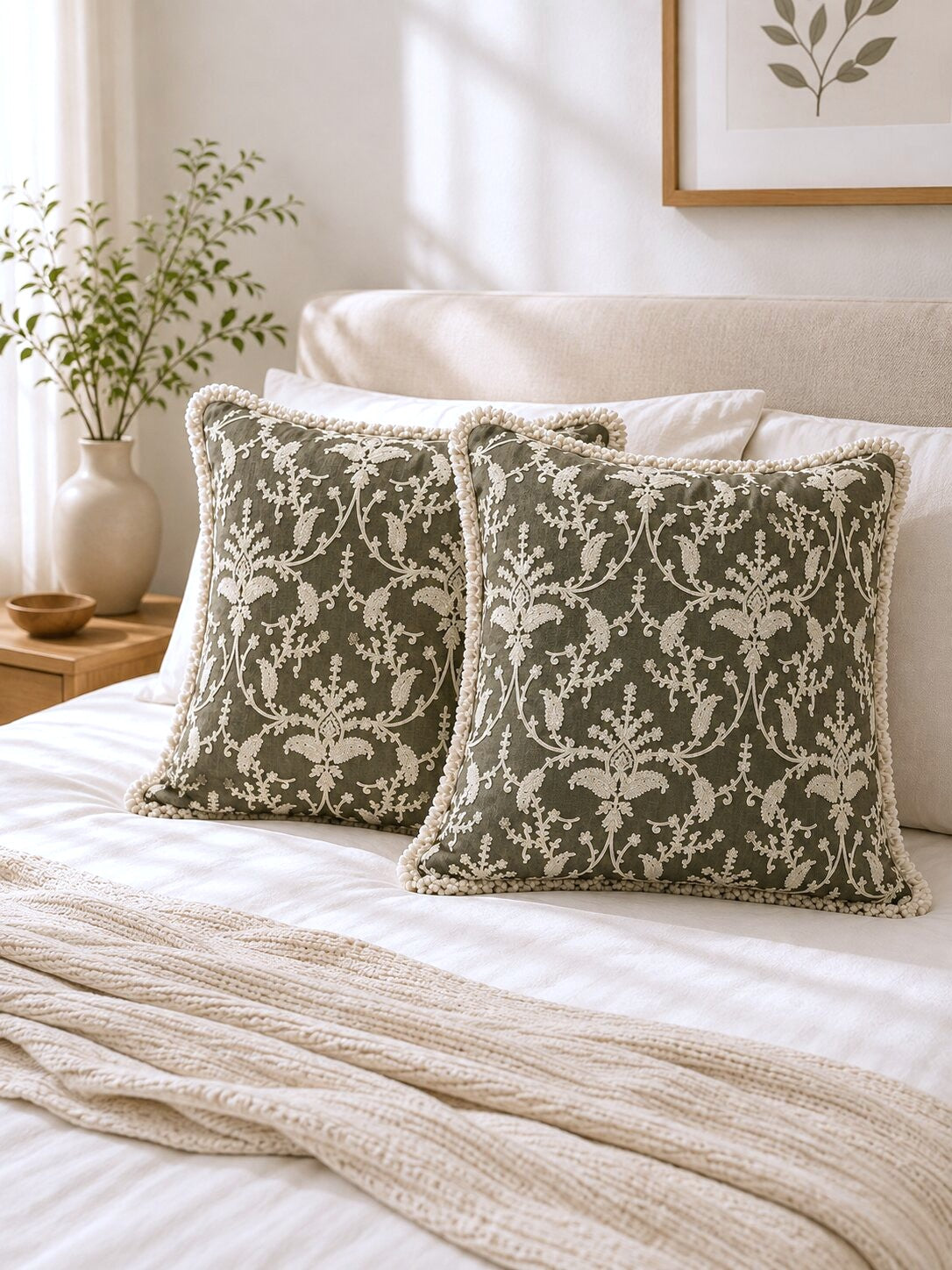 Olive Floral Hand Embroidered Cushion Covers | Set of 2 16x16