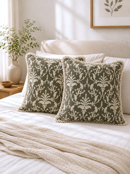 Olive Floral Hand Embroidered Cushion Covers | Set of 2 16x16