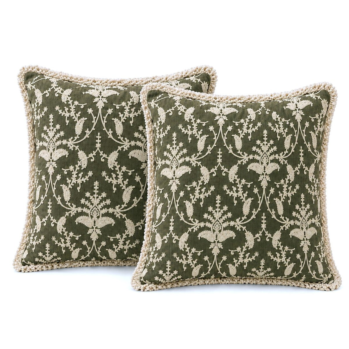 Olive Floral Hand Embroidered Cushion Covers | Set of 2 16x16