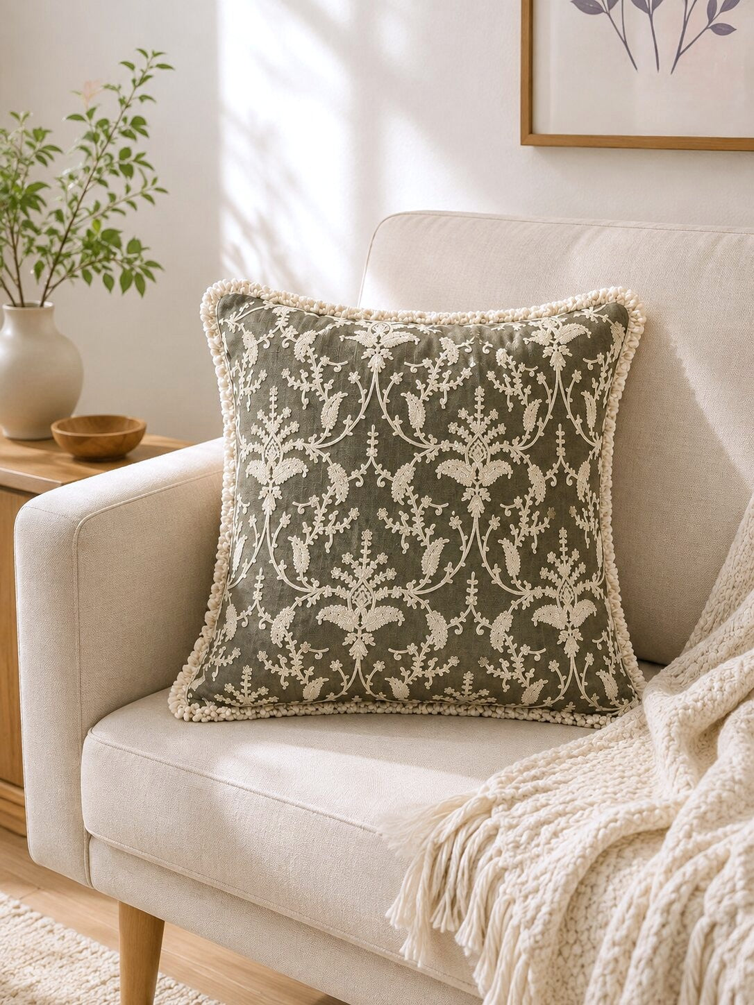 Olive Floral Hand Embroidered Cushion Covers | Set of 2 16x16
