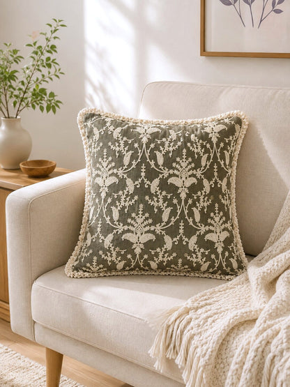 Olive Floral Hand Embroidered Cushion Covers | Set of 2 16x16
